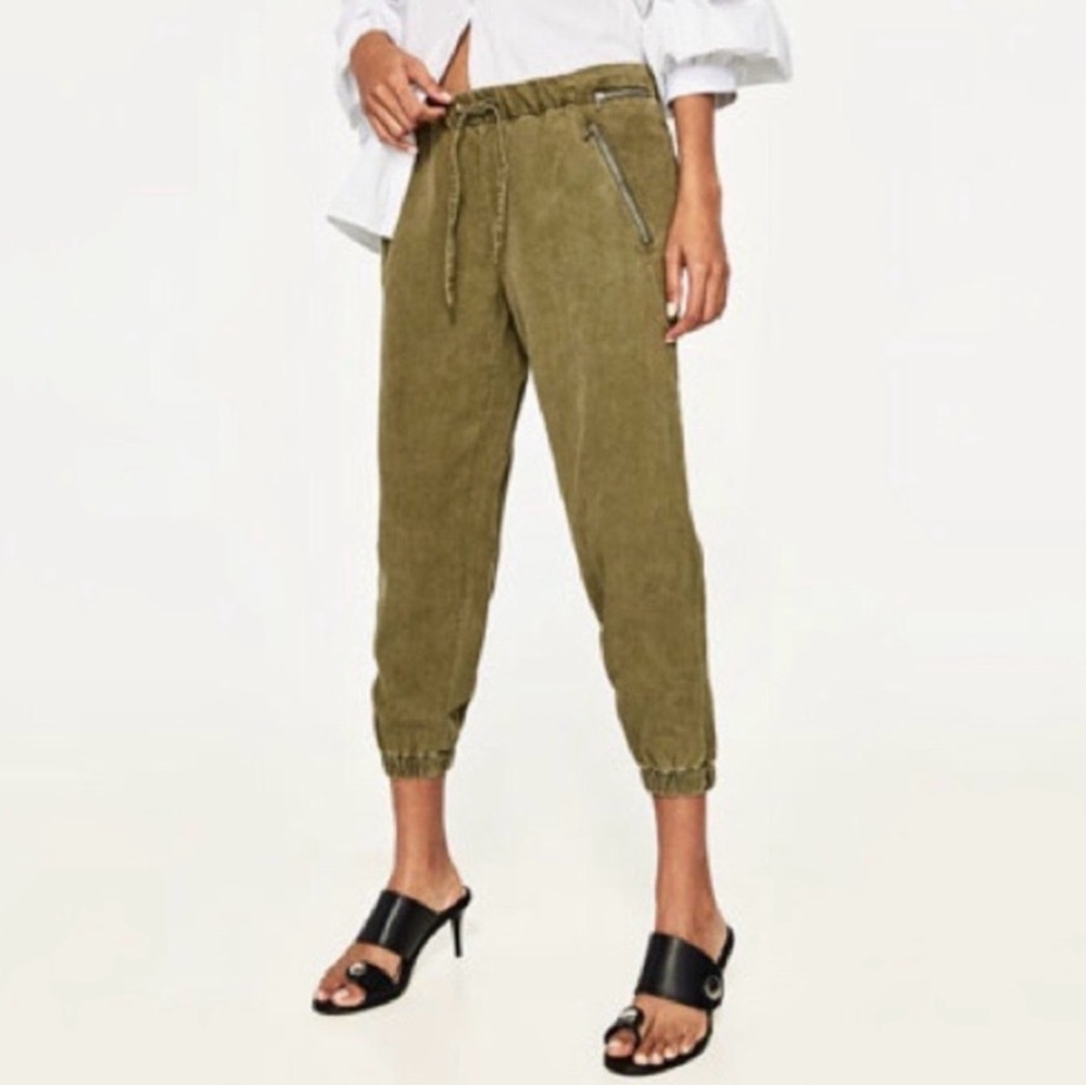 Zara Olive Green Women's Linen Mix Jogger Pants - Picture 2 of 6